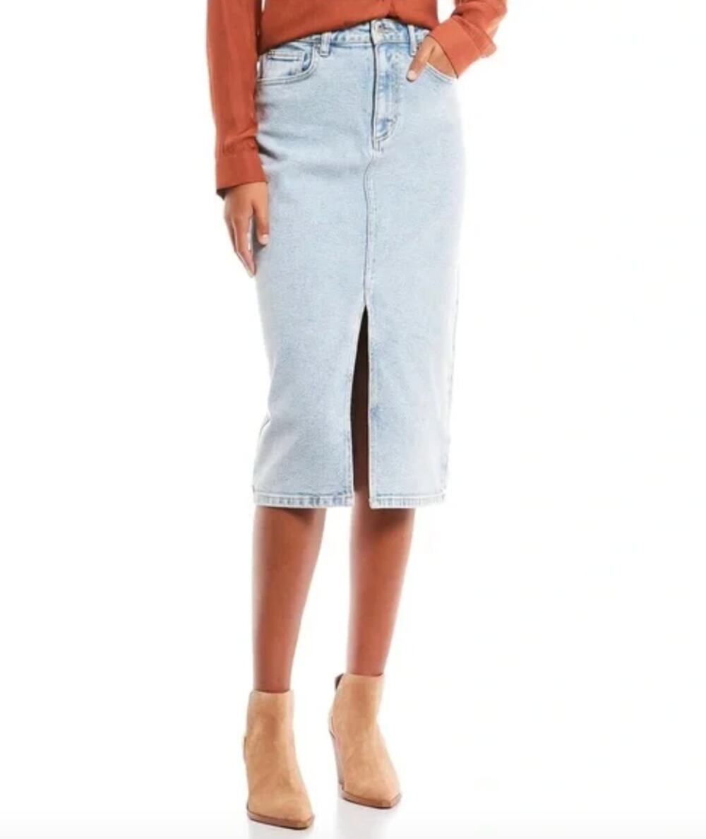 Gianni Bini Denim Midi Skirt Front Slit Rigid High Waist Blue US 2 NWT